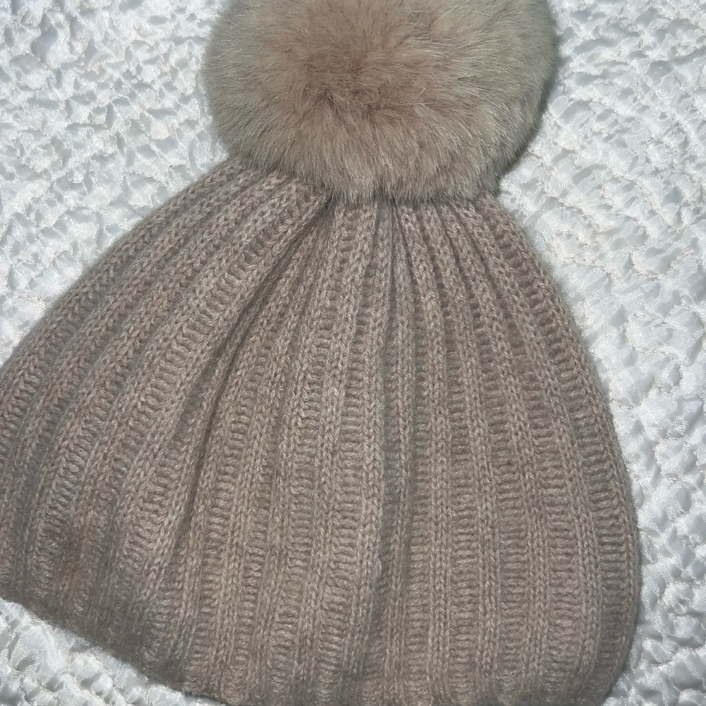 Restoration Hardware Taupe Knit Hat with Faux Fur Pom